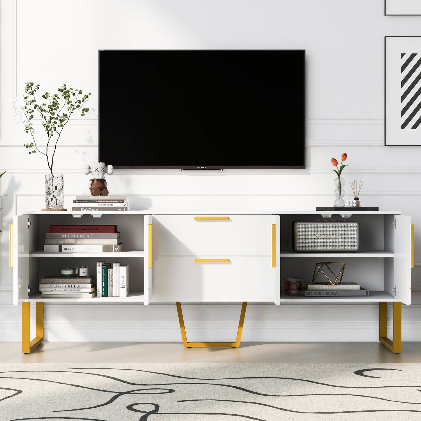 U-Can Modern TV Stand for TVs up to 75 Inches, Storage Cabinet with Drawers and Cabinets, Wood TV Console Table with Metal Legs and Handles for Living room, White