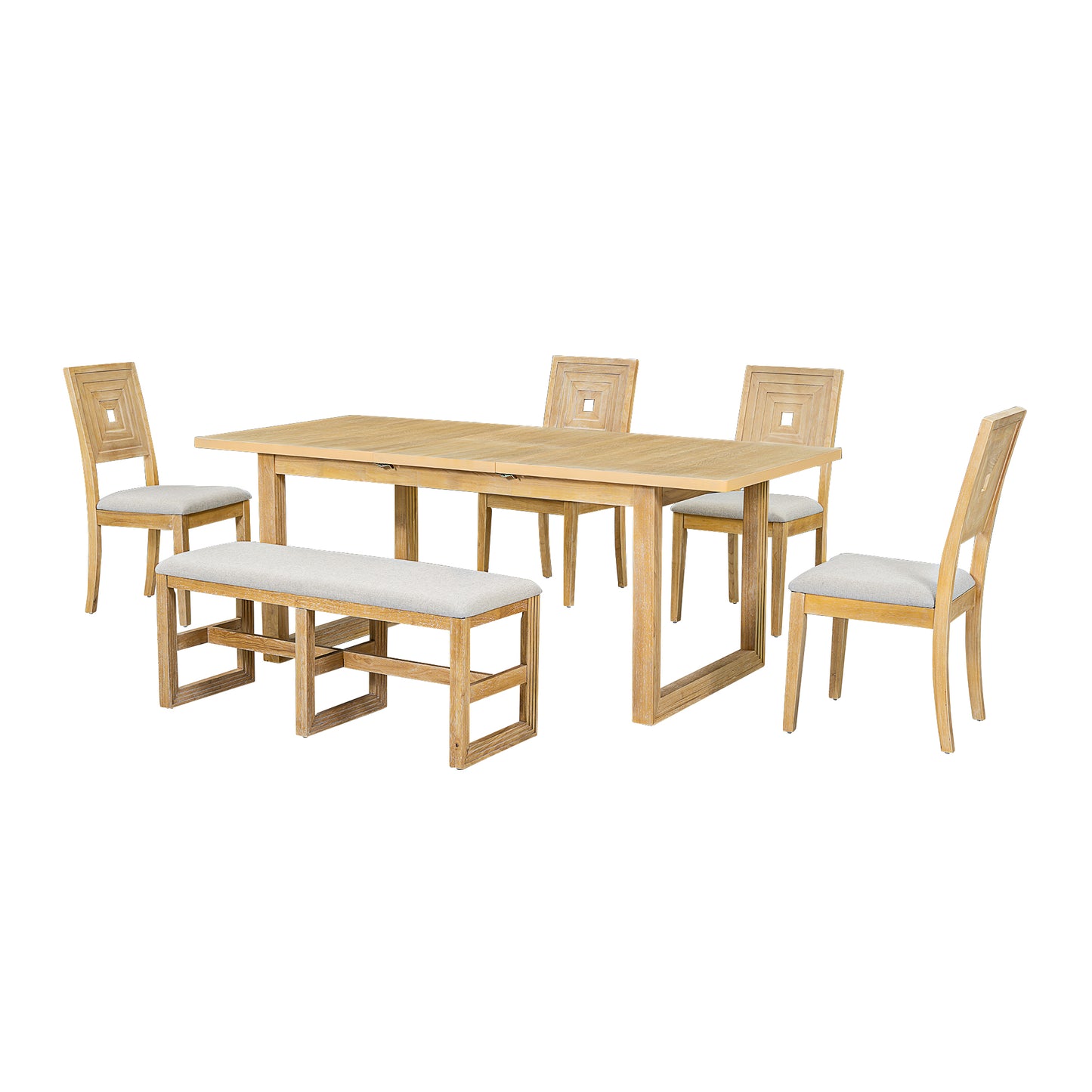 （缺货）TOPMAX Modern 78inch 6-Piece Extendable Dining Table Set, 4 Upholstered Dining Chairs and Dining Bench, 18" Butterfly Leaf, Natural