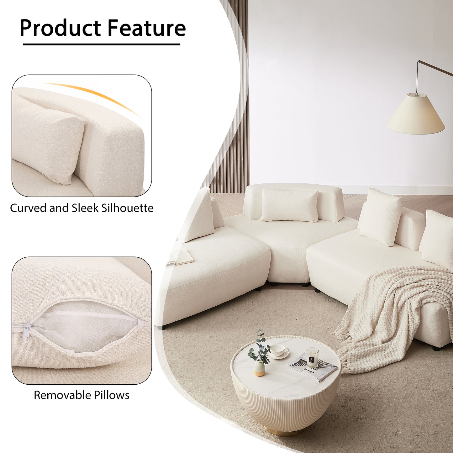 （缺货）Contemporary 3-piece Sectional Sofa Free Convertible sofa with Removable Pillows for Living Room, Beige