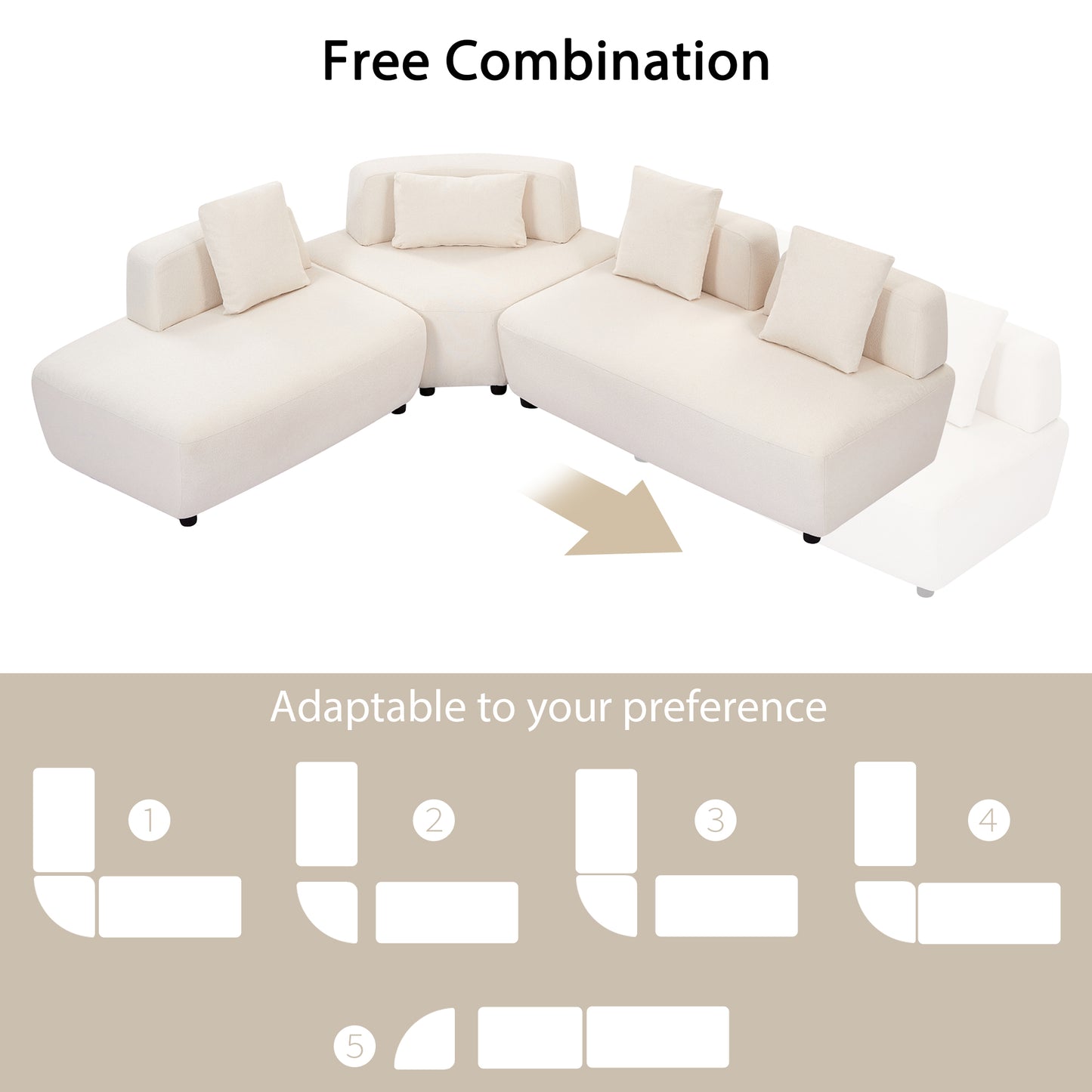 （缺货）Contemporary 3-piece Sectional Sofa Free Convertible sofa with Removable Pillows for Living Room, Beige