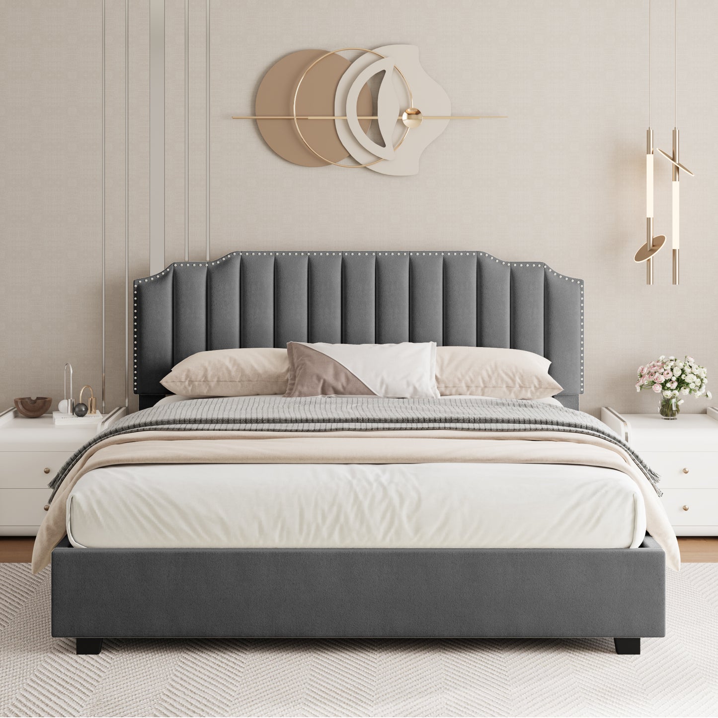 LIFT UP DOUBLE SIZE BED GRAY VELVET