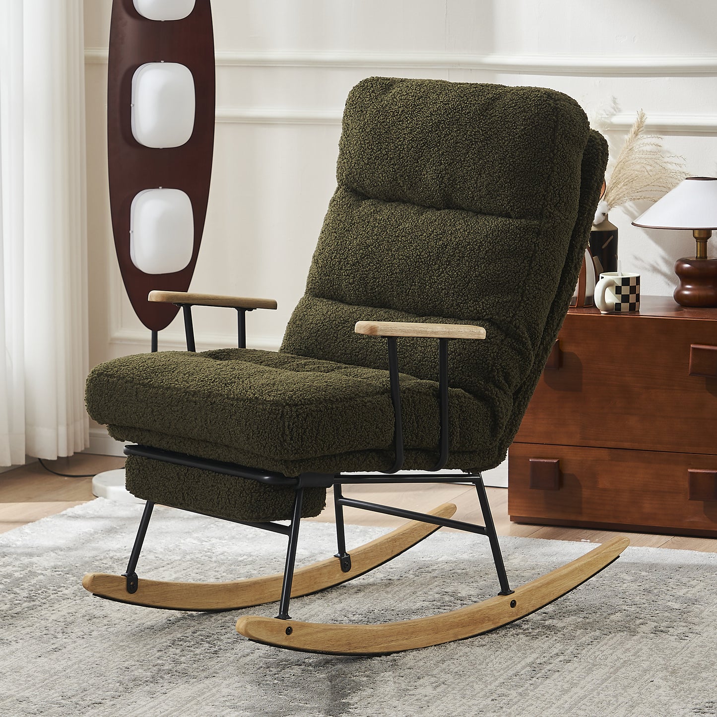 Modern Teddy Gliding Rocking Chair with High Back, Retractable Footrest, and Adjustable Back Angle for Nursery, Living Room, and Bedroom, Green