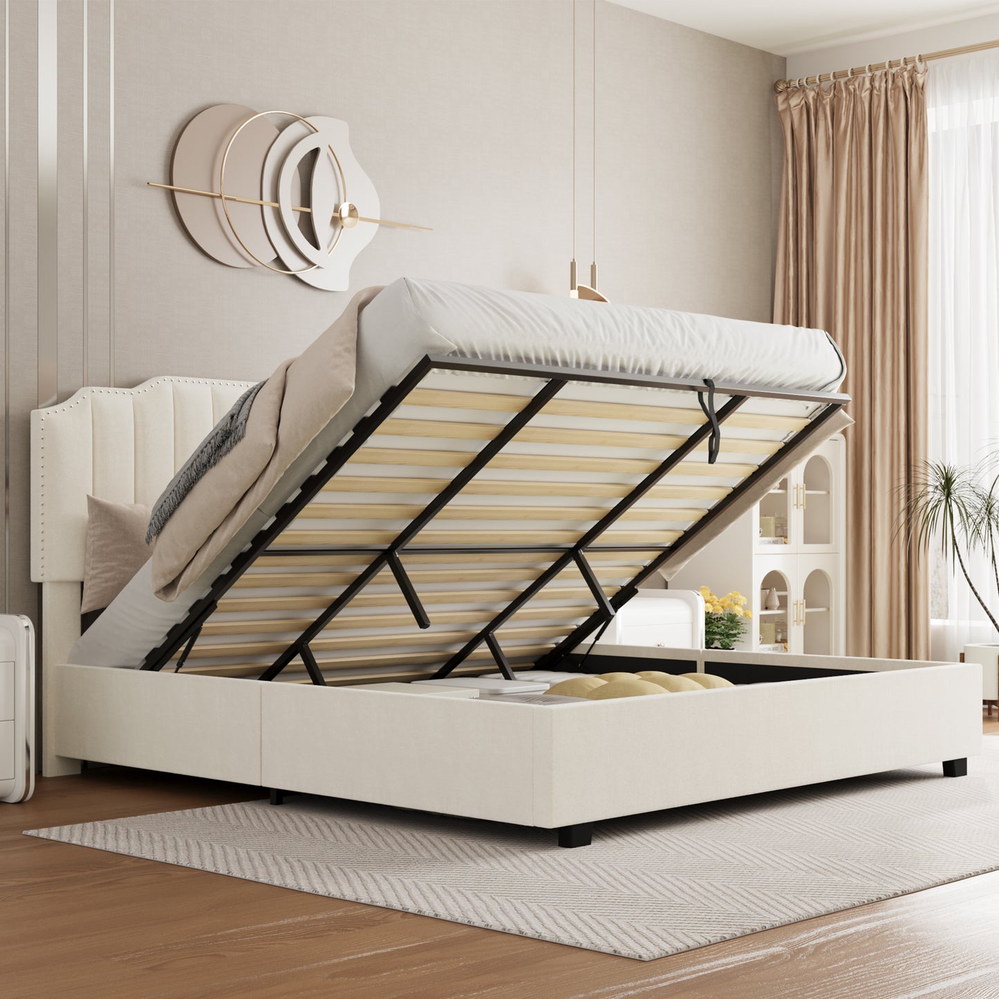 LIFT UP VELVET BEIGE QUEEN SIZE BED