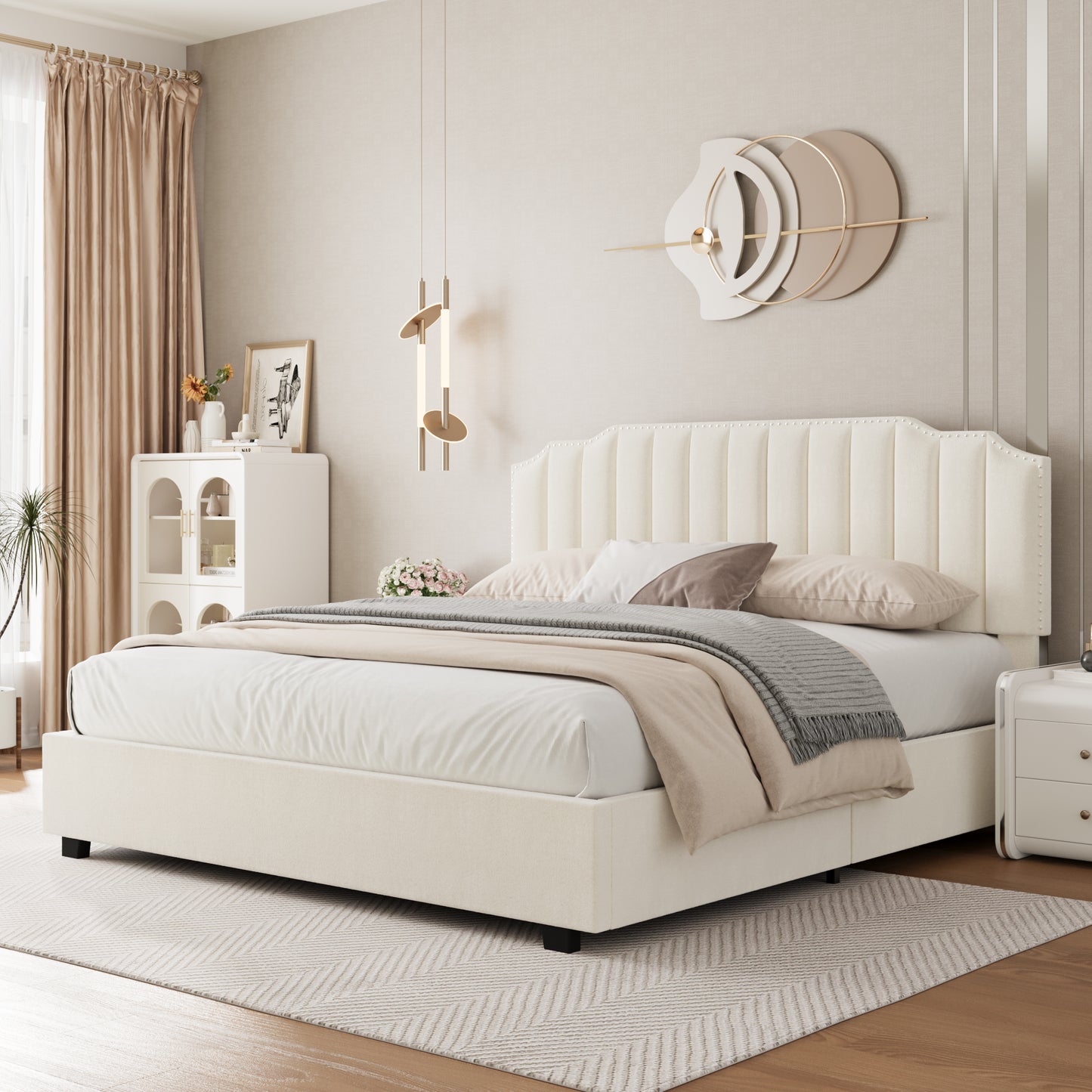 LIFT UP VELVET BEIGE QUEEN SIZE BED