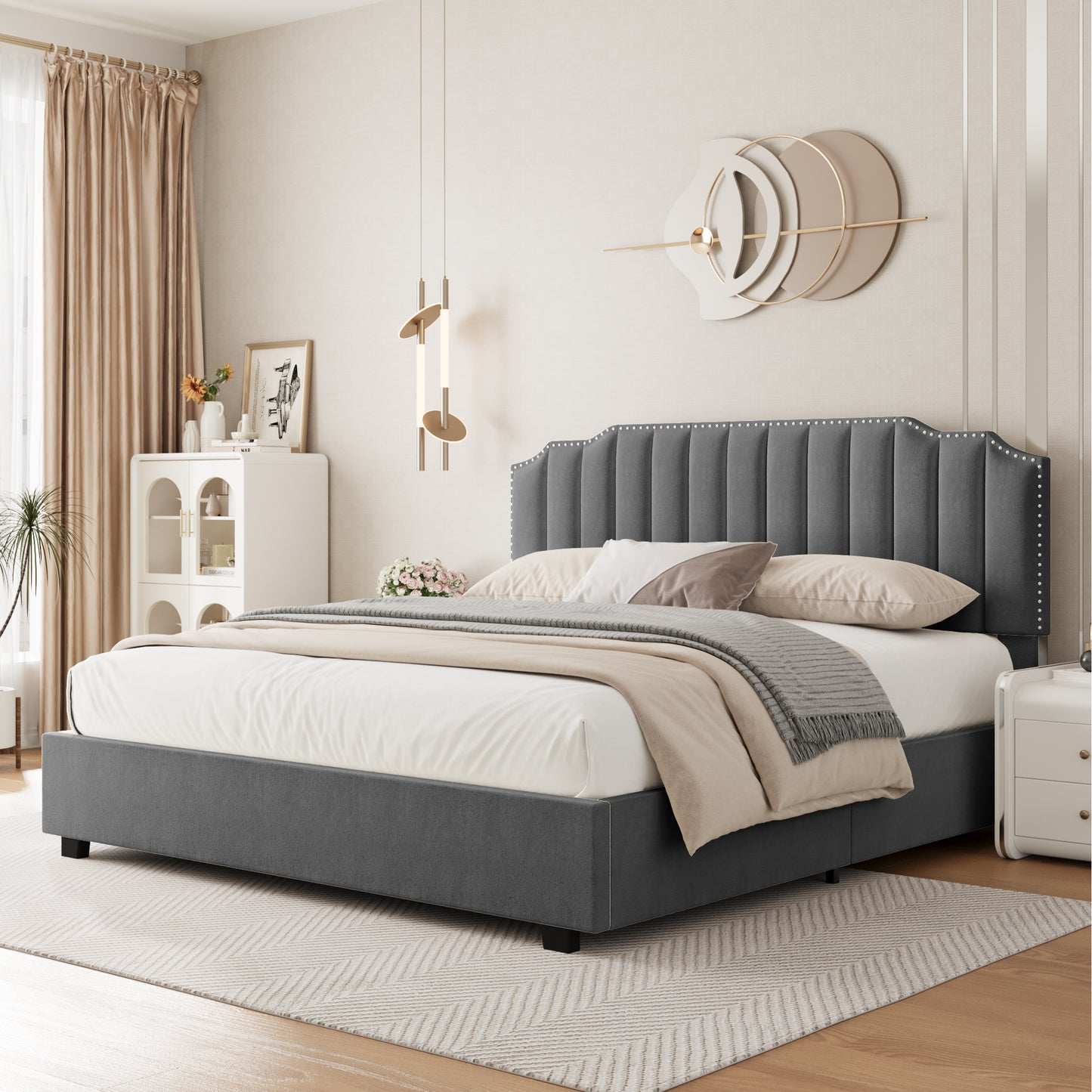 LIFT UP DOUBLE SIZE BED GRAY VELVET