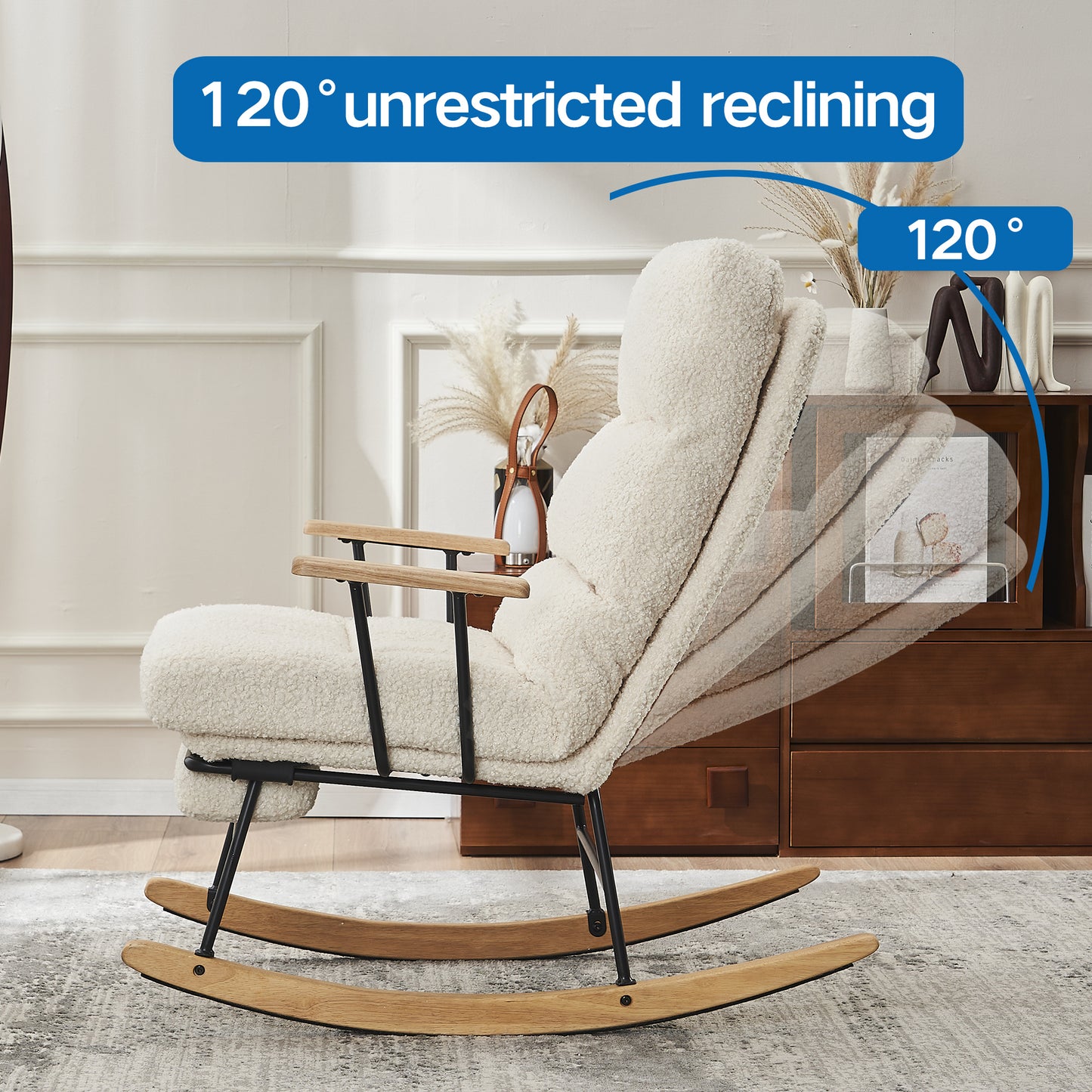 Modern Teddy Gliding Rocking Chair with High Back, Retractable Footrest, and Adjustable Back Angle for Nursery, Living Room, and Bedroom,Beige