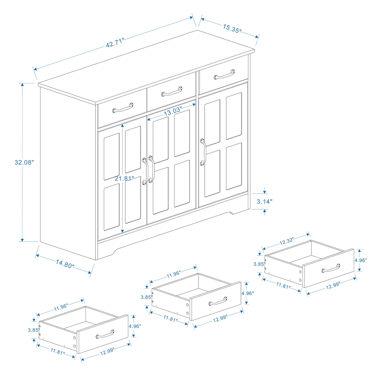 Farmhouse Buffet Cabinet Storage Sideboard with 3 Drawers and 3 Doors for Dining Living Room Kitchen Cupboard-White