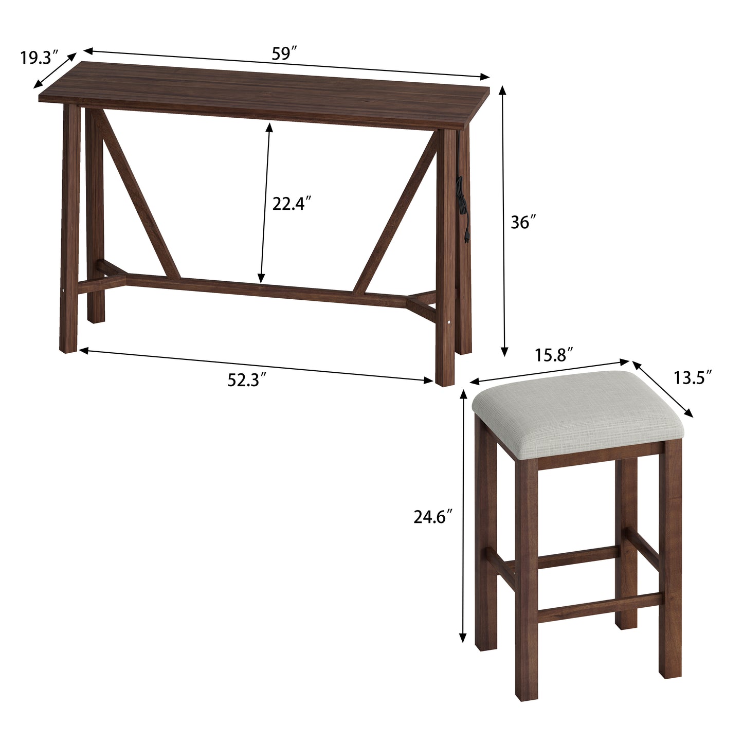 Modern 5-Piece Dining Table Set with Power Outlets,Bar Kitchen Table Set with Upholstered Stools, Easy Assemble, Walnut Table+Beige Stool