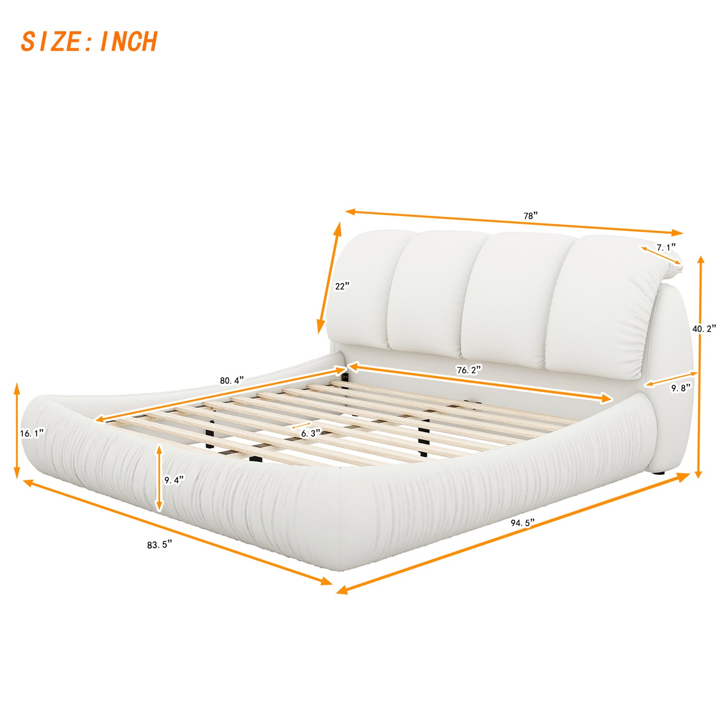 King Size Luxury Upholstered Bed With Thick Headboard, Leather King Bed with Oversized Padded Backrest, White