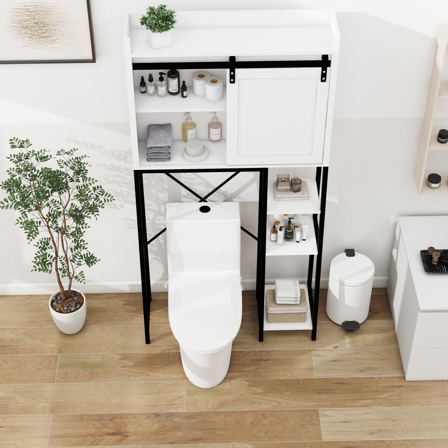 Over The Toilet Storage Cabinet, Bathroom Shelves Over Toilet with Sliding Barn Door,Adjustable Shelves and Side Storage Rack-White