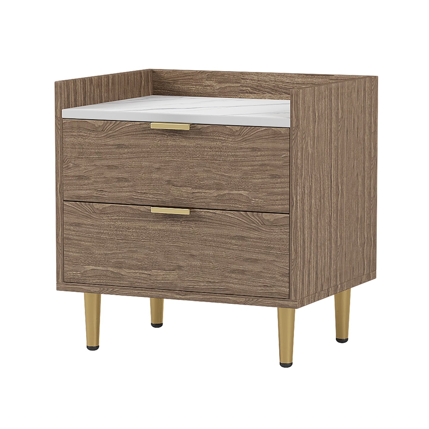 Wooden Nightstand with 2 Drawers and Marbling Worktop, Mordern Wood Bedside Table with Metal Legs&Handles, Walnut