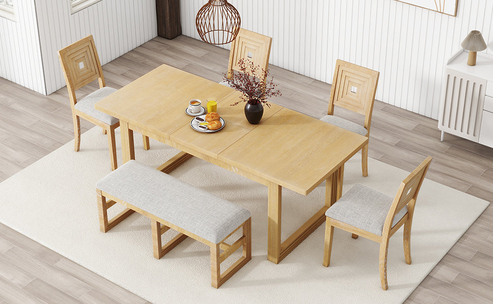 （缺货）TOPMAX Modern 78inch 6-Piece Extendable Dining Table Set, 4 Upholstered Dining Chairs and Dining Bench, 18" Butterfly Leaf, Natural