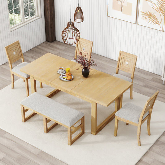 （缺货）TOPMAX Modern 78inch 6-Piece Extendable Dining Table Set, 4 Upholstered Dining Chairs and Dining Bench, 18" Butterfly Leaf, Natural