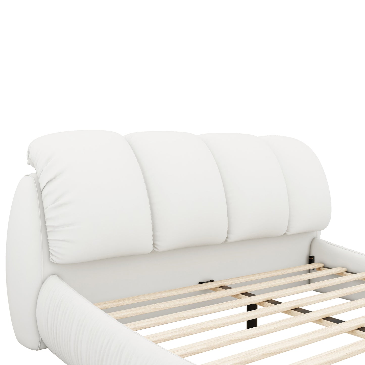 King Size Luxury Upholstered Bed With Thick Headboard, Leather King Bed with Oversized Padded Backrest, White