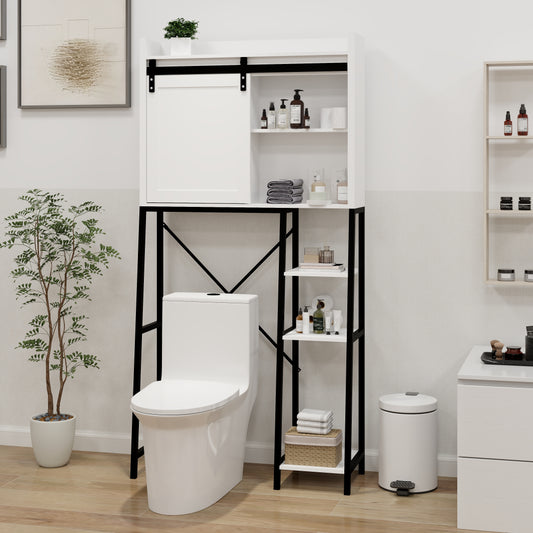 Over The Toilet Storage Cabinet, Bathroom Shelves Over Toilet with Sliding Barn Door,Adjustable Shelves and Side Storage Rack-White