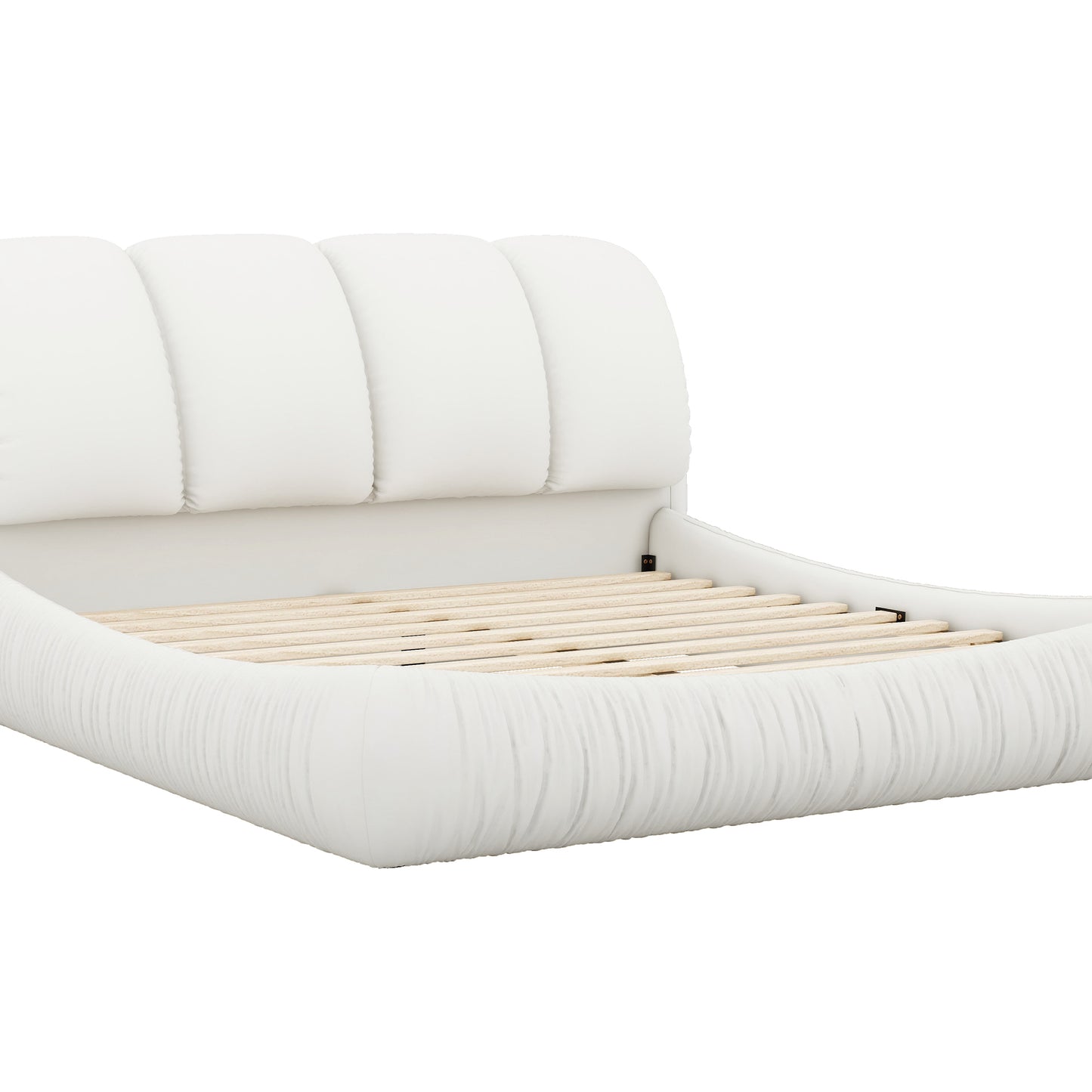 King Size Luxury Upholstered Bed With Thick Headboard, Leather King Bed with Oversized Padded Backrest, White