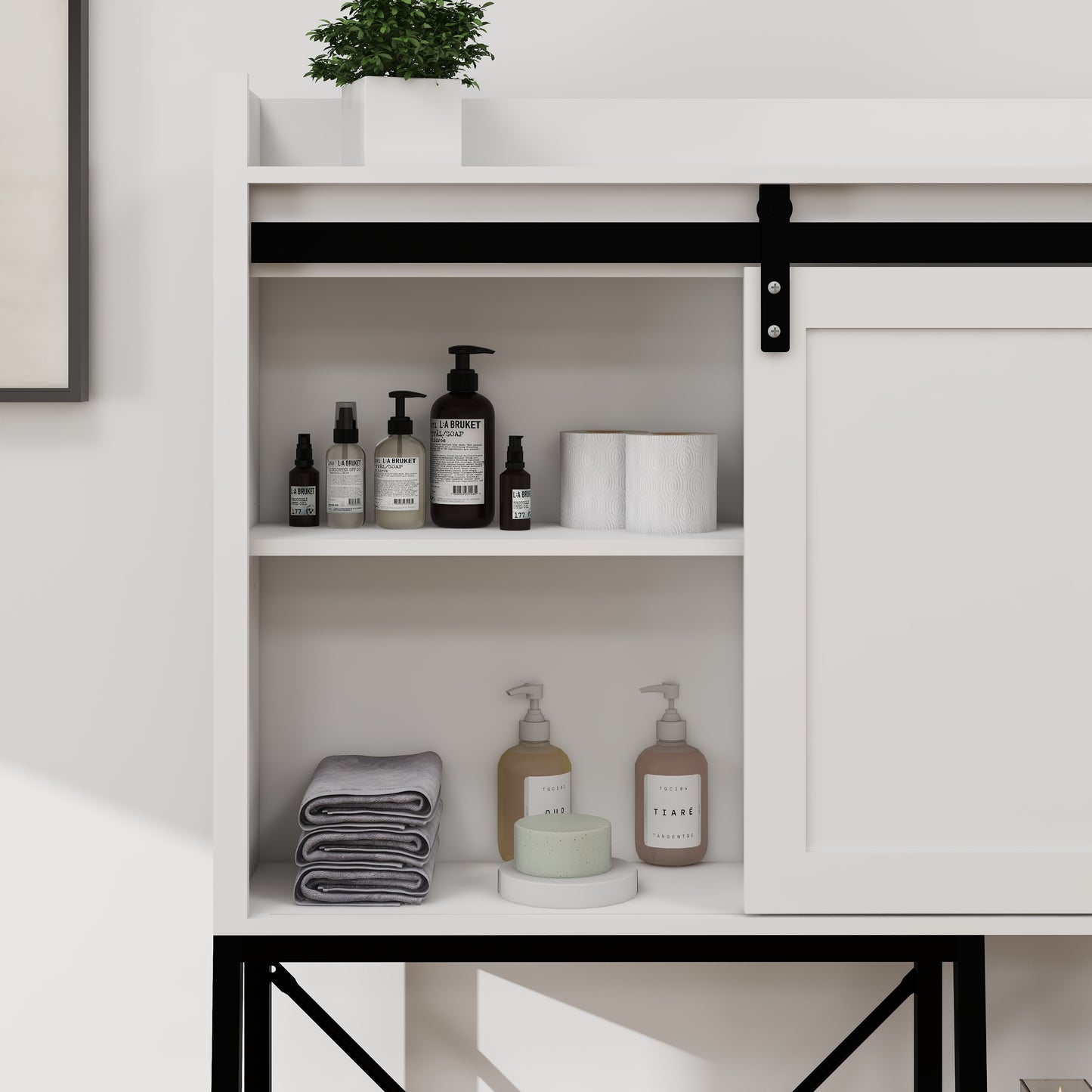 Over The Toilet Storage Cabinet, Bathroom Shelves Over Toilet with Sliding Barn Door,Adjustable Shelves and Side Storage Rack-White