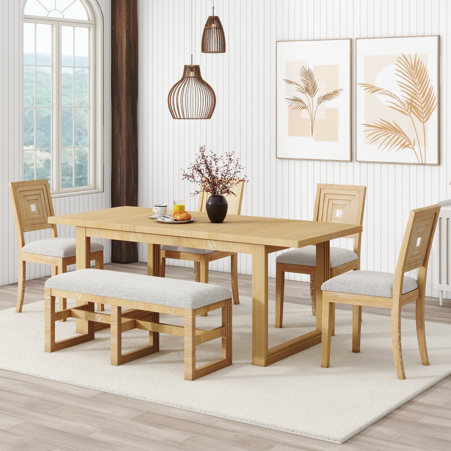 （缺货）TOPMAX Modern 78inch 6-Piece Extendable Dining Table Set, 4 Upholstered Dining Chairs and Dining Bench, 18" Butterfly Leaf, Natural