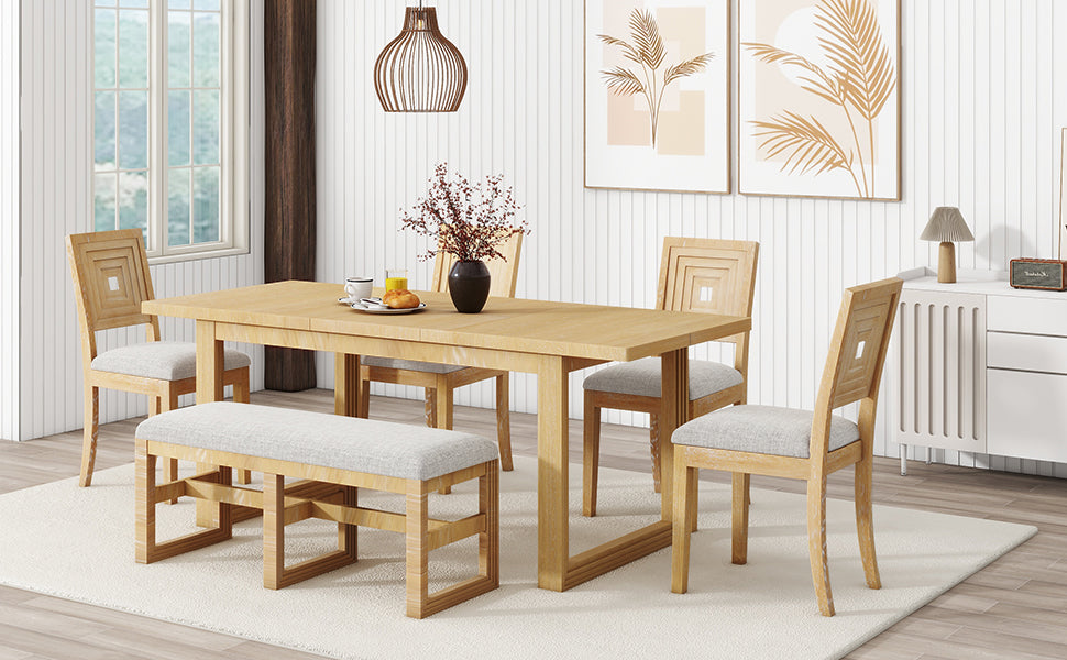 （缺货）TOPMAX Modern 78inch 6-Piece Extendable Dining Table Set, 4 Upholstered Dining Chairs and Dining Bench, 18" Butterfly Leaf, Natural