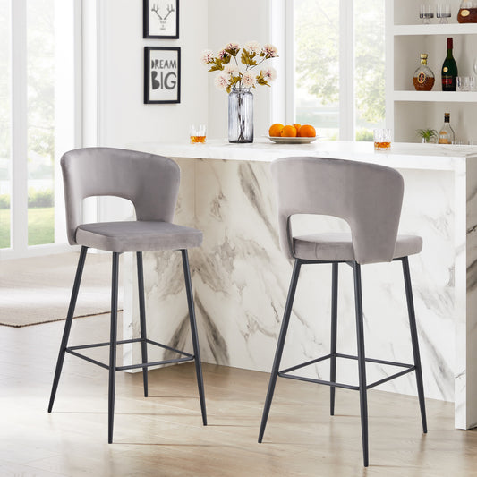 （缺货）SET OF 2 Cloth armless Gray Fashion fabric stool, Counter Height Modern Velvet backrest Fabric bar chairs,Bar Stool Chair for Kitchen/balcony with black Metal Legs