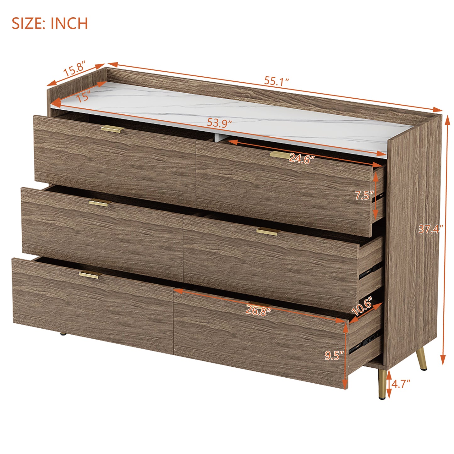 55" Long 6 Drawer Dresser with Marbling Worktop, Mordern Storage Cabinet with Metal Leg and Handle for Bedroom,Walnut