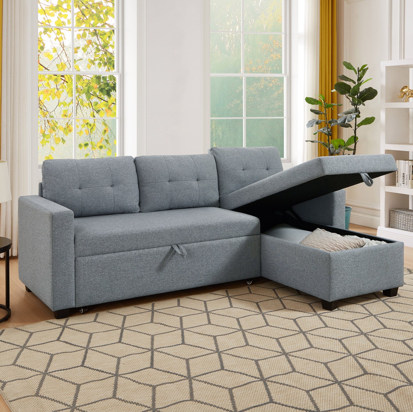 （缺货）Upholstered Pull Out Sectional Sofa with Storage Chaise, Convertible Corner Couch, Light Grey