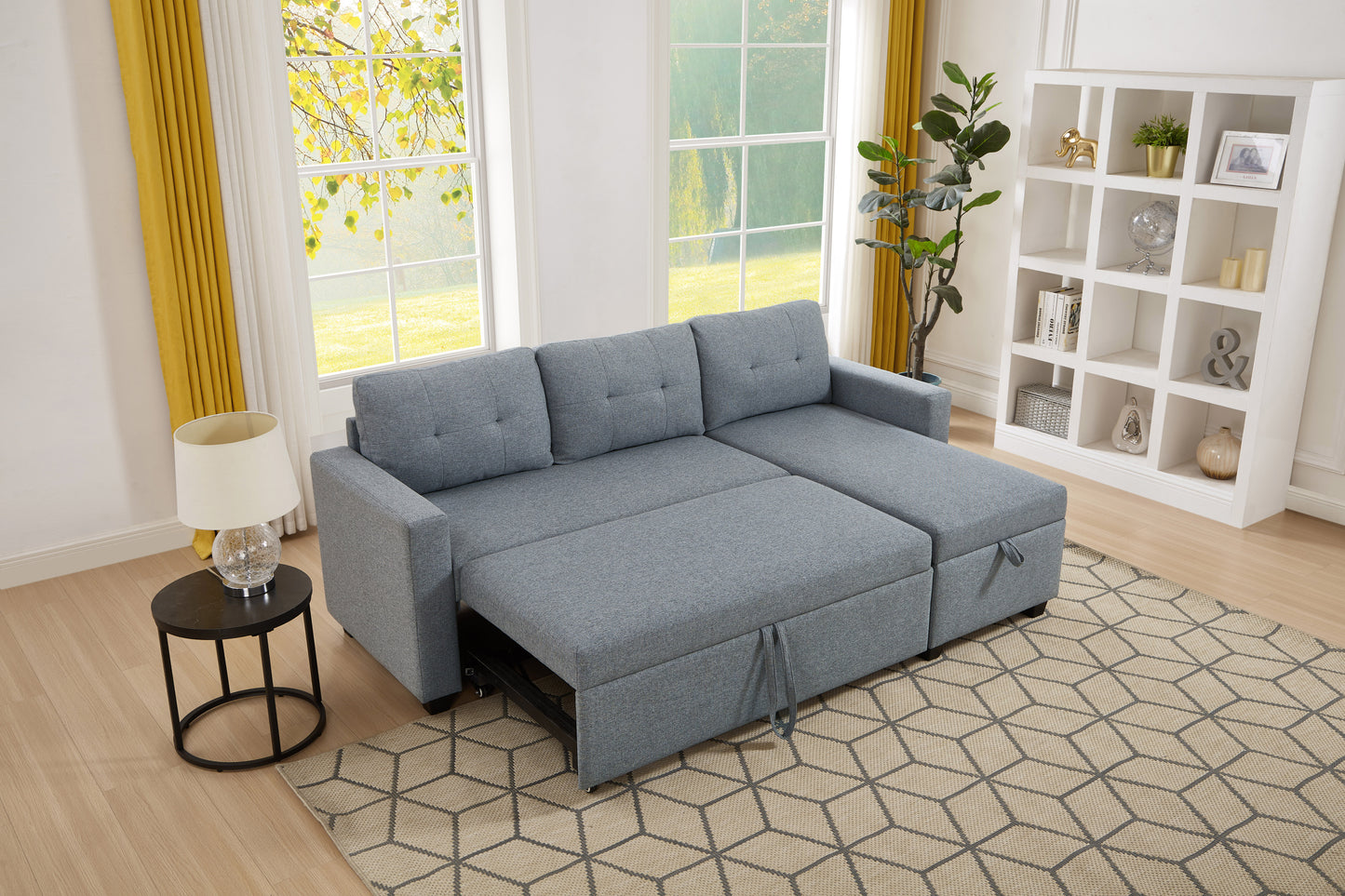 （缺货）Upholstered Pull Out Sectional Sofa with Storage Chaise, Convertible Corner Couch, Light Grey