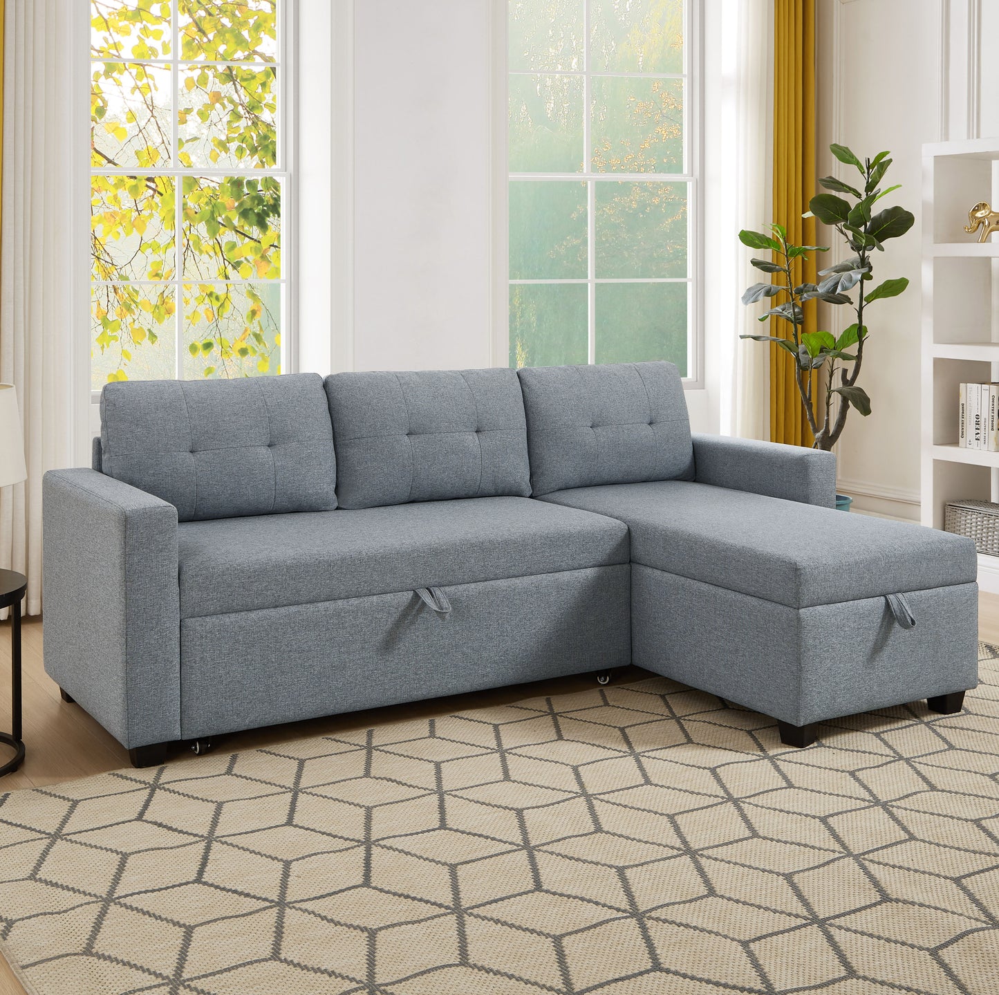 （缺货）Upholstered Pull Out Sectional Sofa with Storage Chaise, Convertible Corner Couch, Light Grey