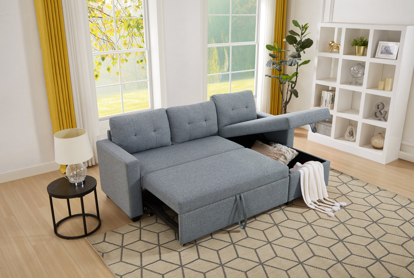 （缺货）Upholstered Pull Out Sectional Sofa with Storage Chaise, Convertible Corner Couch, Light Grey