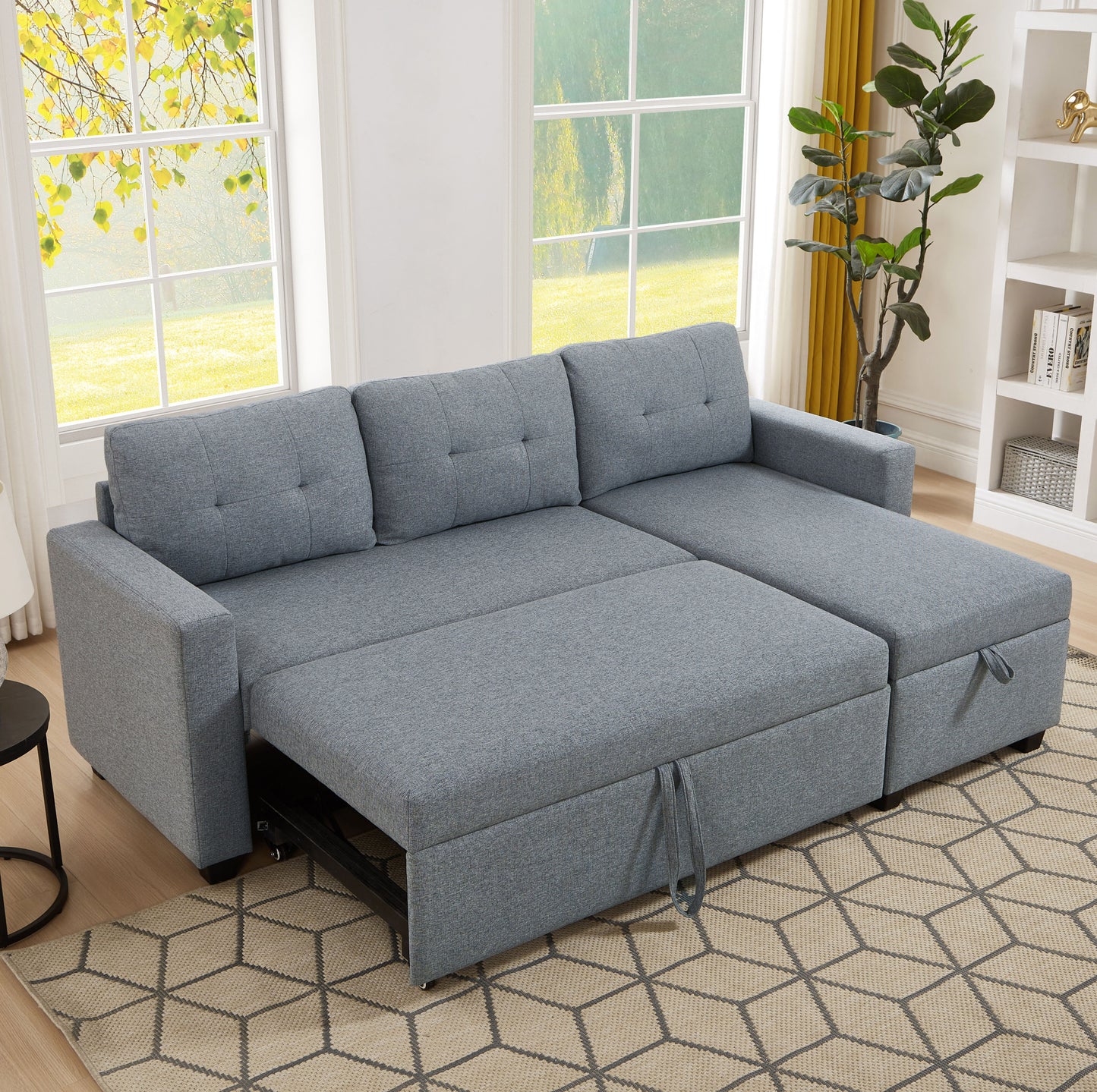 （缺货）Upholstered Pull Out Sectional Sofa with Storage Chaise, Convertible Corner Couch, Light Grey