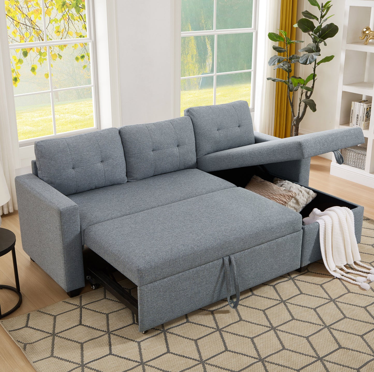 （缺货）Upholstered Pull Out Sectional Sofa with Storage Chaise, Convertible Corner Couch, Light Grey