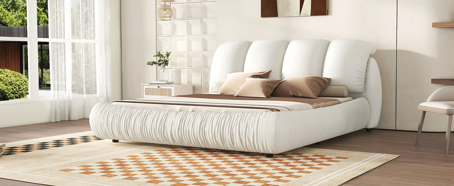 King Size Luxury Upholstered Bed With Thick Headboard, Leather King Bed with Oversized Padded Backrest, White