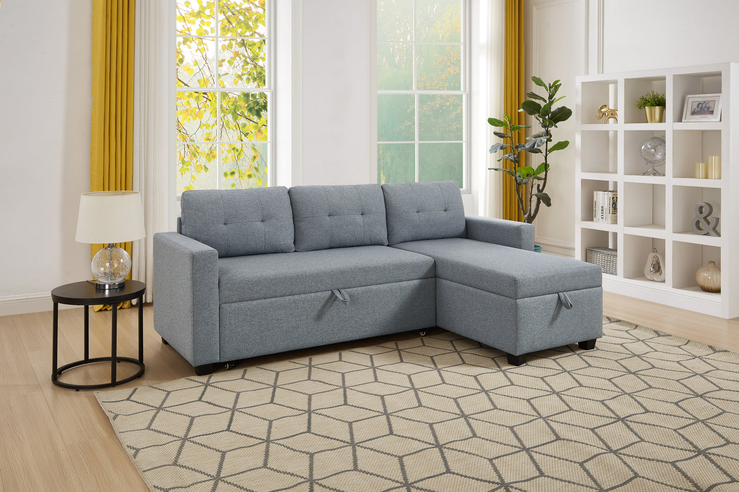 （缺货）Upholstered Pull Out Sectional Sofa with Storage Chaise, Convertible Corner Couch, Light Grey