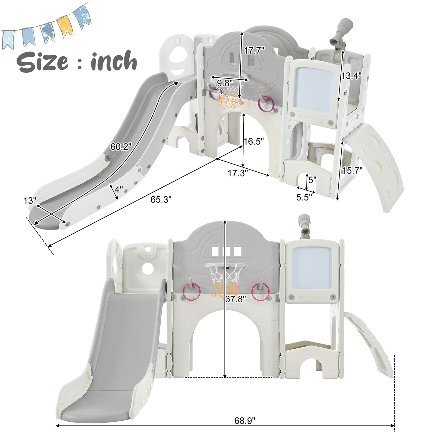 Kids Slide Playset Structure 9 in 1, Freestanding Spaceship Set with Slide, Arch Tunnel, Ring Toss, Drawing Whiteboardl and Basketball Hoop for Toddlers, Kids Climbers Playground