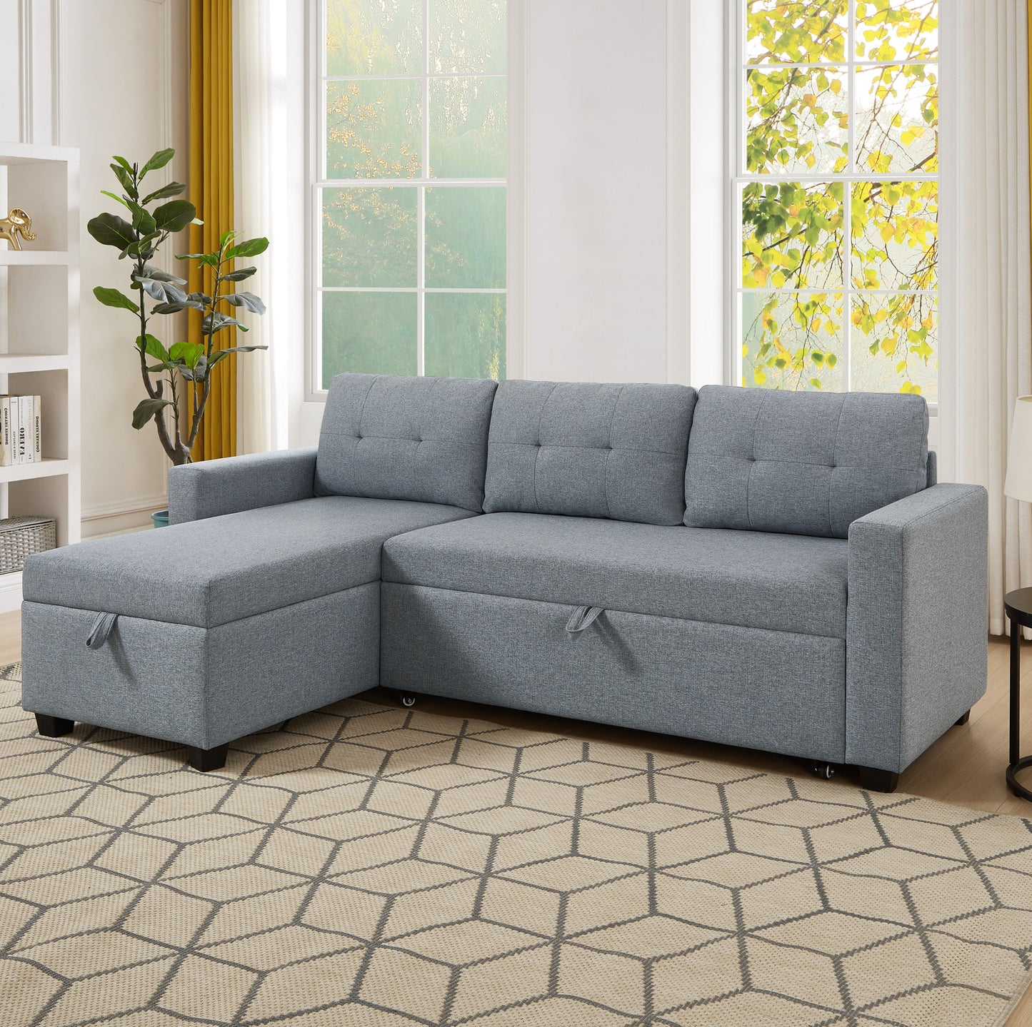 （缺货）Upholstered Pull Out Sectional Sofa with Storage Chaise, Convertible Corner Couch, Light Grey