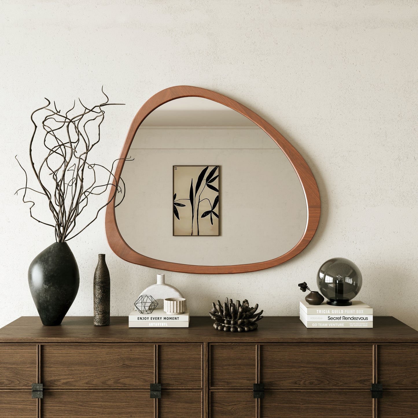 Solid Wood Mirror 45 Inch Asymmetrical Wall Mirror Wooden Framed Mirror Large Sized Dressing Mirror, for Living Room, Bedroom, Bathroom, Hallway or Entry Way