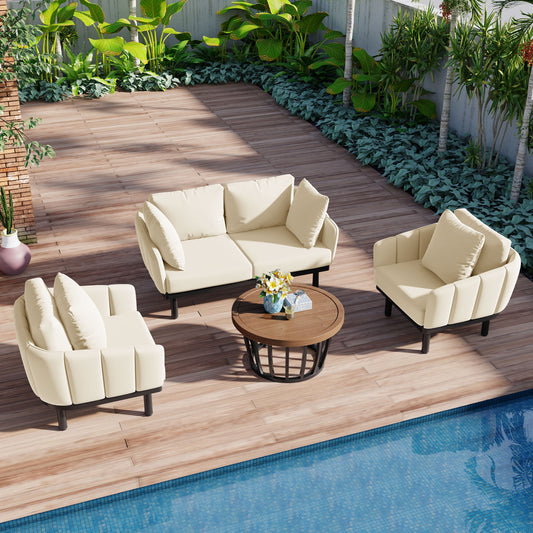 TOPMAX Luxury Modern 4-Piece Outdoor Iron Frame Conversation Set, Patio Chat Set with Acacia Wood Round Coffee Table for Backyard, Deck, Poolside, Indoor Use, Loveseat+Arm Chairs, Beige