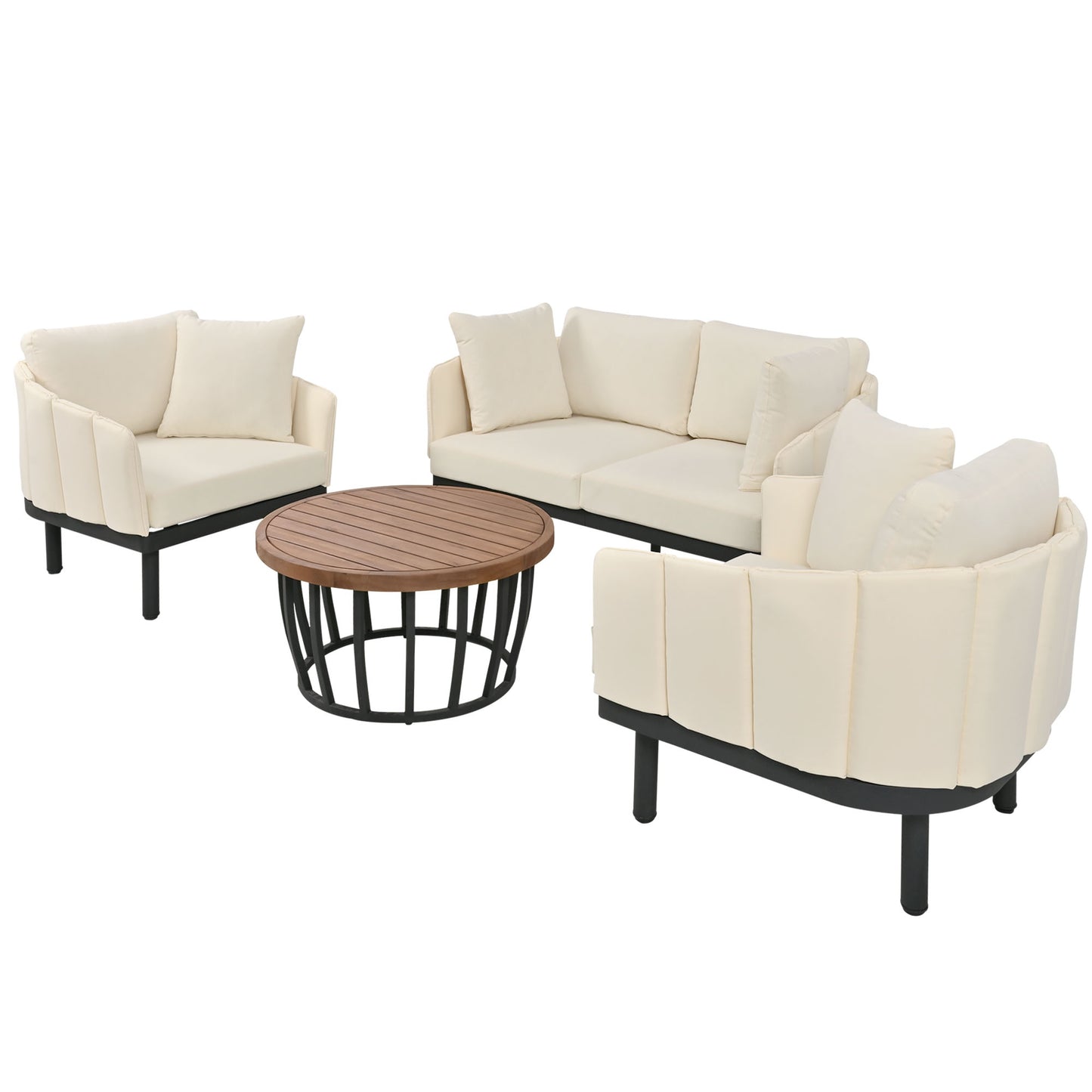 TOPMAX Luxury Modern 4-Piece Outdoor Iron Frame Conversation Set, Patio Chat Set with Acacia Wood Round Coffee Table for Backyard, Deck, Poolside, Indoor Use, Loveseat+Arm Chairs, Beige