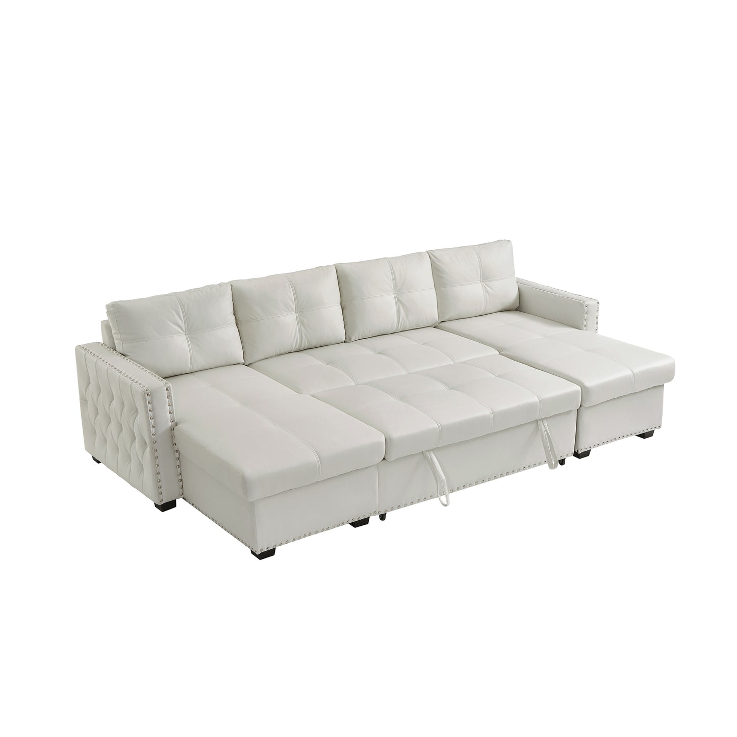 (缺货）114" Convertible Pull Out Sofa Bed with Storage Chaise Sofa Bed Microfiber Fabric Upholstery Beige