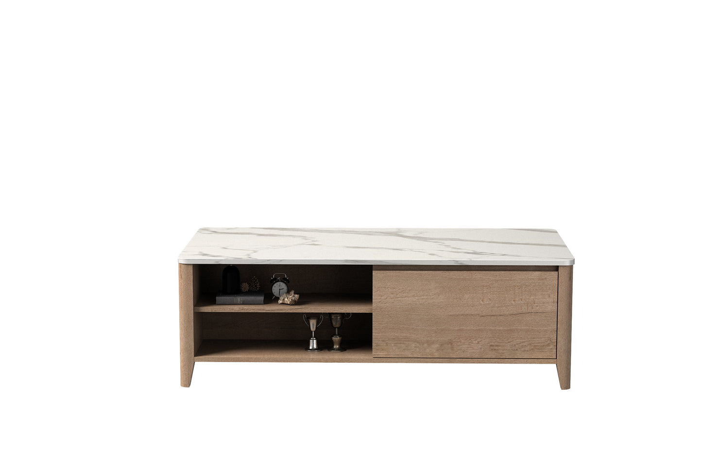 47 Inch Modern Farmhouse Double Drawer Coffee Table for Living Room or Office , Tobacco Wood and White Marble