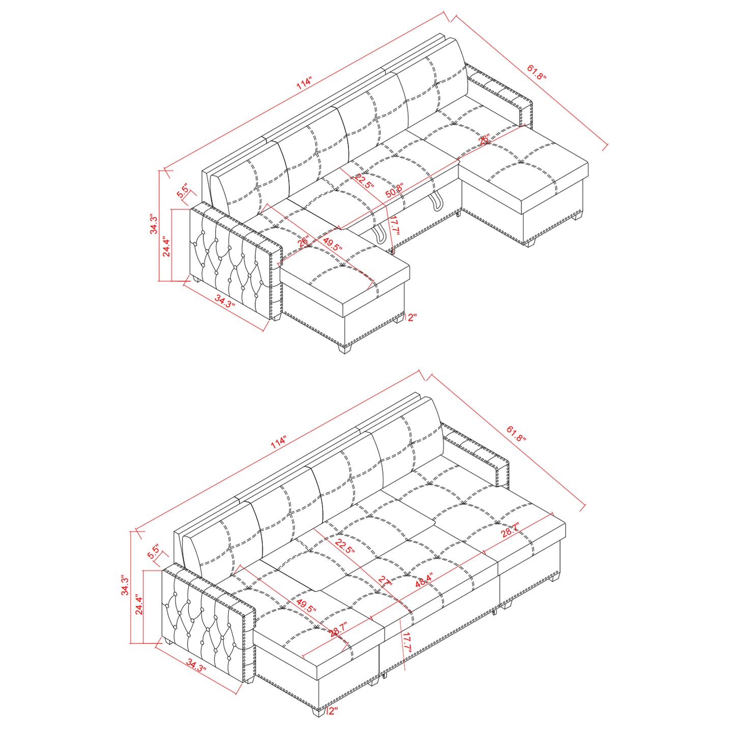 (缺货）114" Convertible Pull Out Sofa Bed with Storage Chaise Sofa Bed Microfiber Fabric Upholstery Beige