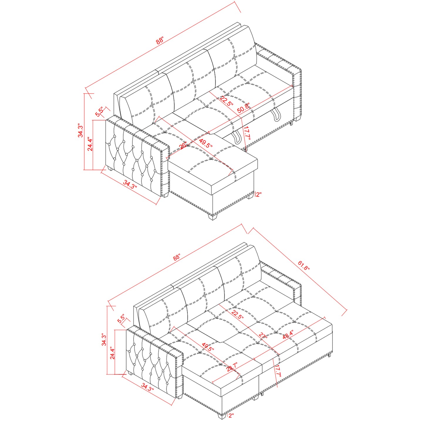 （缺货）88" Convertible Pull Out Sofa Bed with Storage Chaise Sofa Bed Microfiber Fabric Upholstery Beige