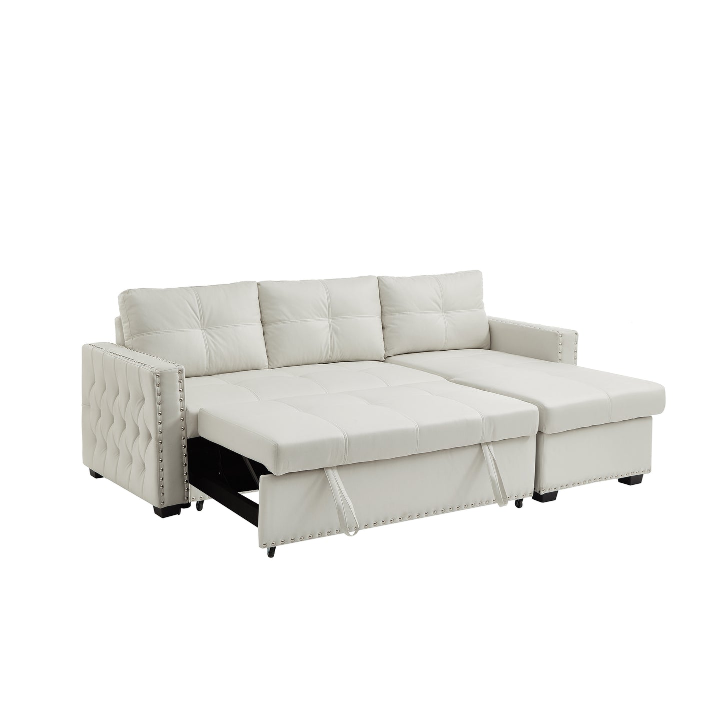 （缺货）88" Convertible Pull Out Sofa Bed with Storage Chaise Sofa Bed Microfiber Fabric Upholstery Beige