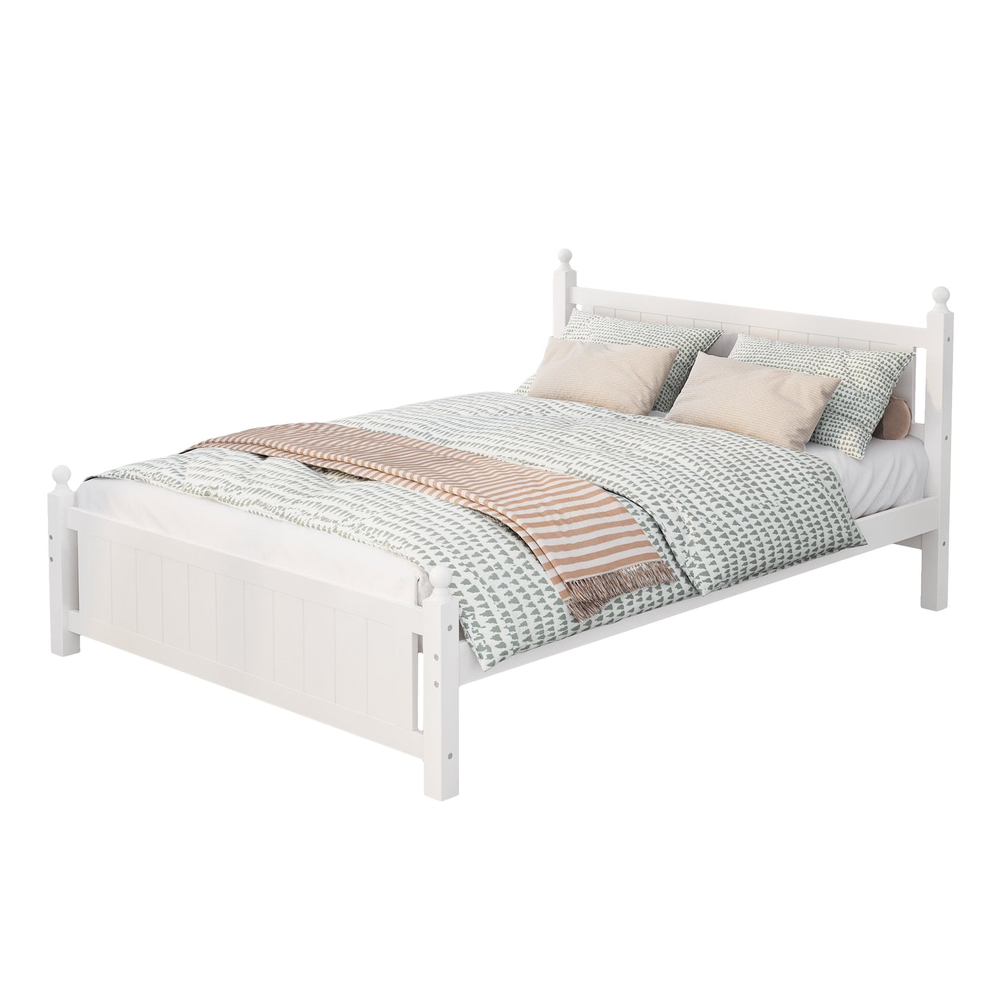 Queen Size Solid Wood Platform Bed Frame for Kids, Teens, Adults, No Need Box Spring, White