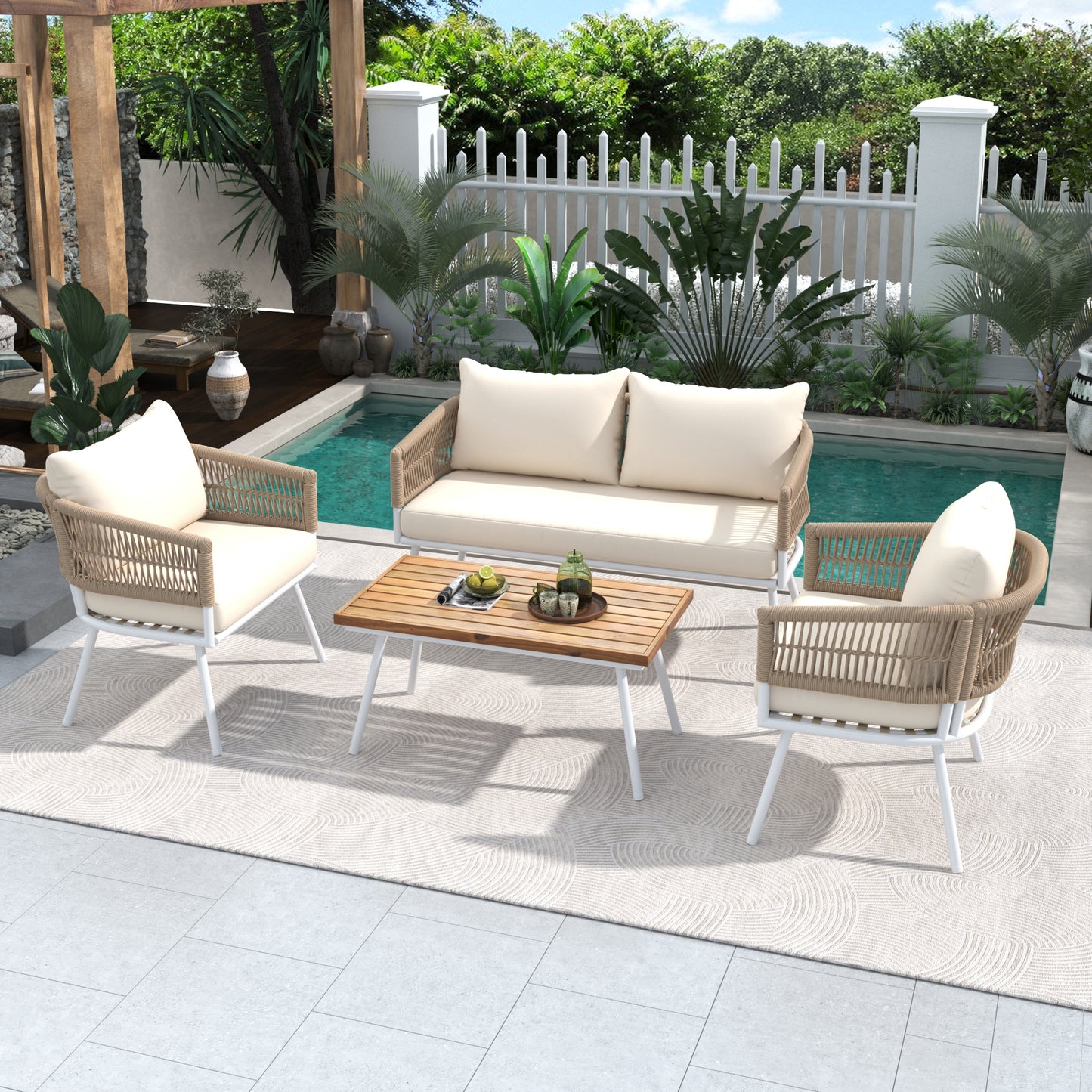 K&K 4-Piece Boho Rope Patio Furniture Set, Outdoor Furniture with Acacia Wood Table, Patio Conversation Set with Deep Seating & Thick Cushion for Backyard Porch Balcony, Beige