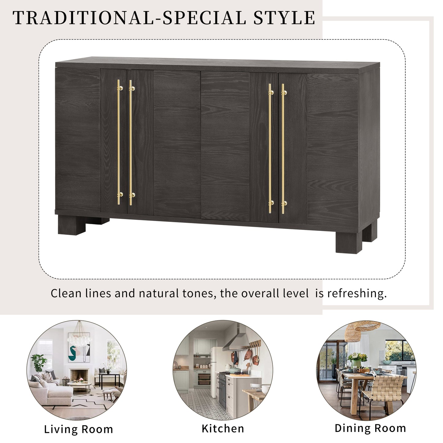 TREXM Wood Traditional Style Sideboard with Adjustable Shelves and Gold Handles for Kitchen, Dining Room and Living Room (Taupe)