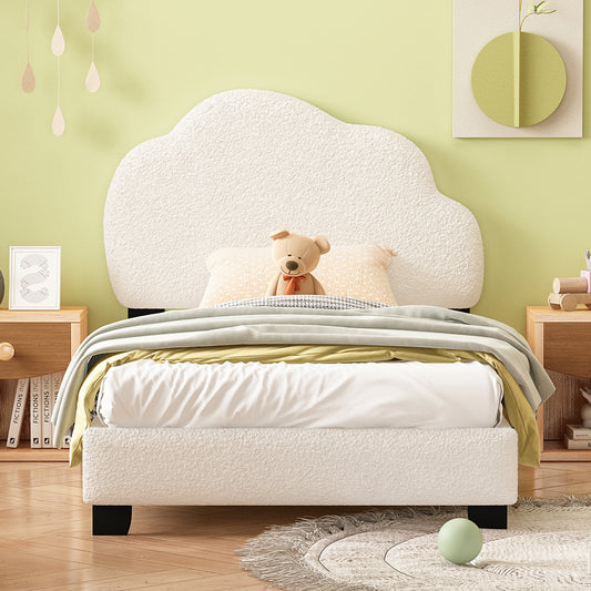 Twin Size Upholstered Boucle Fabric Platform Bed with Cloud-Shaped Headboard