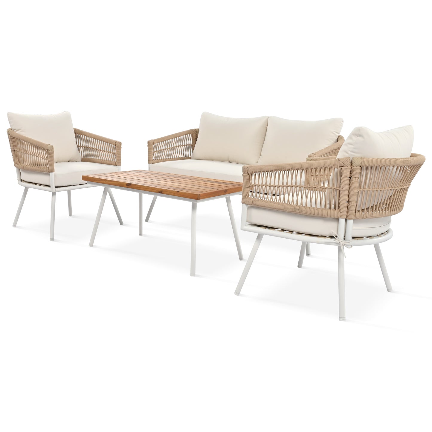 K&K 4-Piece Boho Rope Patio Furniture Set, Outdoor Furniture with Acacia Wood Table, Patio Conversation Set with Deep Seating & Thick Cushion for Backyard Porch Balcony, Beige