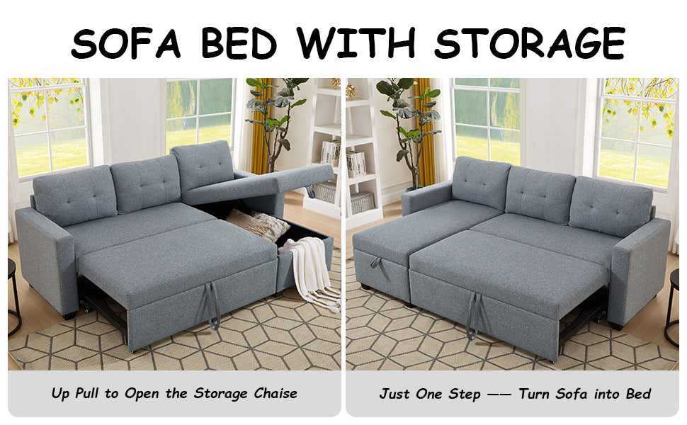 （缺货）Upholstered Pull Out Sectional Sofa with Storage Chaise, Convertible Corner Couch, Light Grey