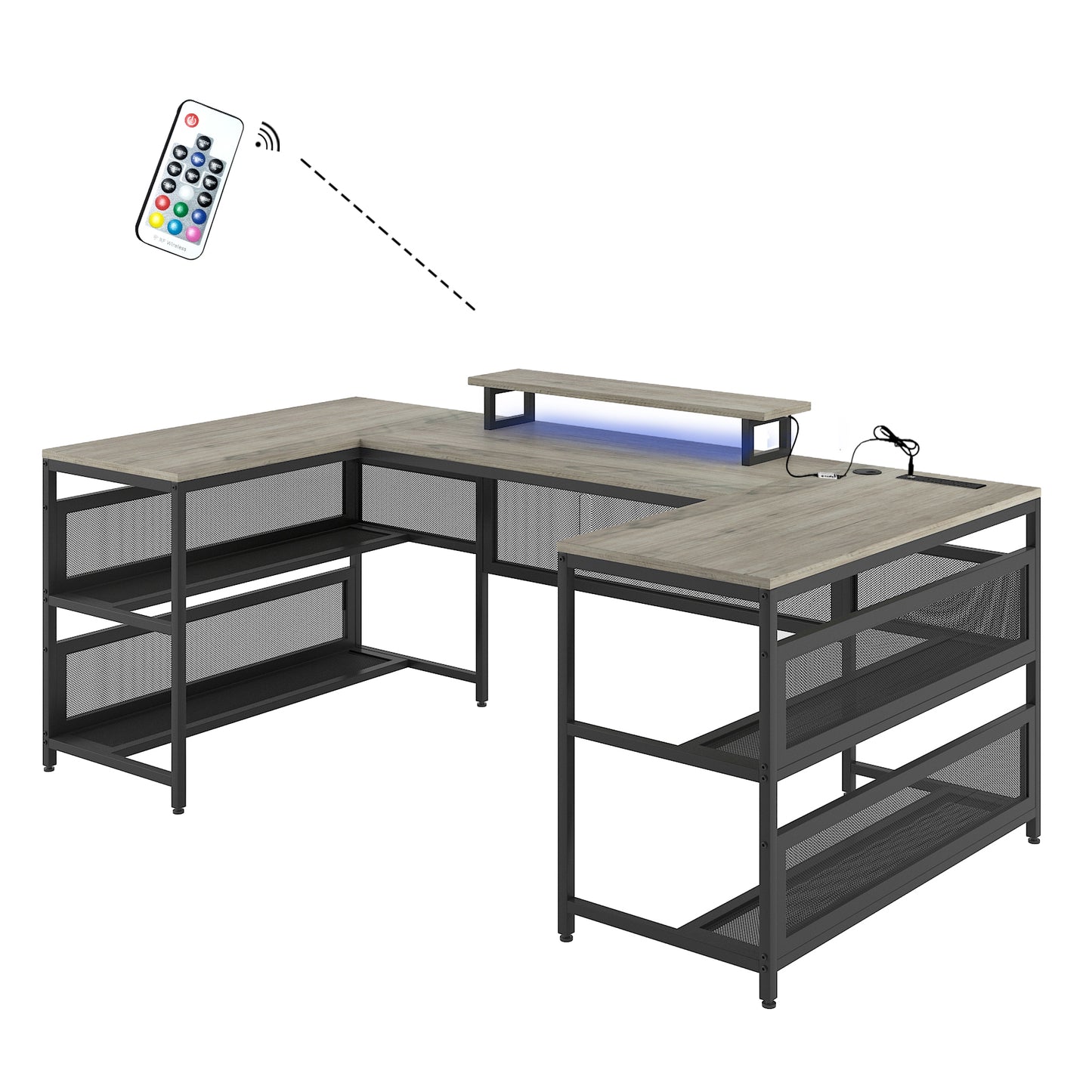 U-shaped Desk with Shelve and LED lights